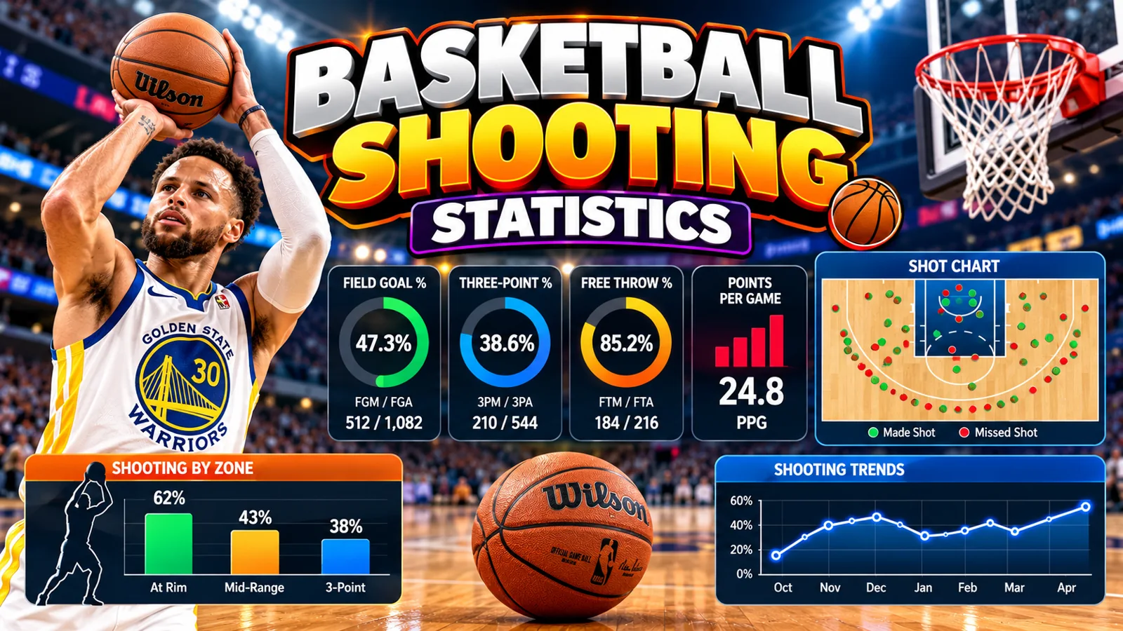 Basketball shooting percentages and shot chart illustration