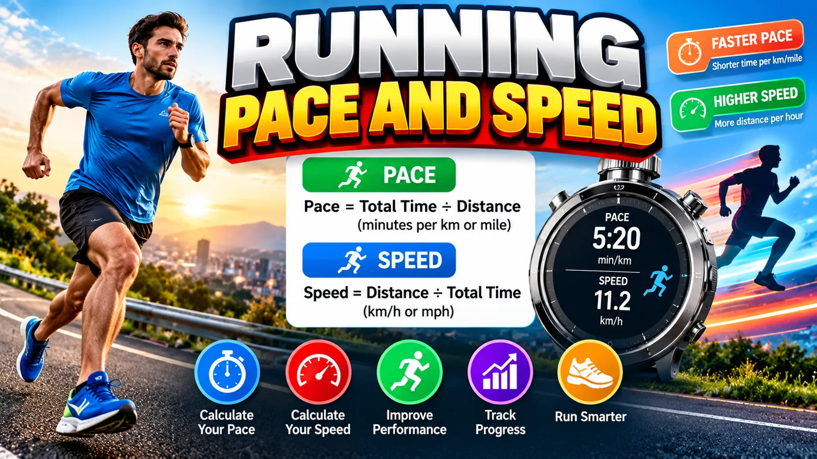 Running pace and speed formulas with stopwatch illustration